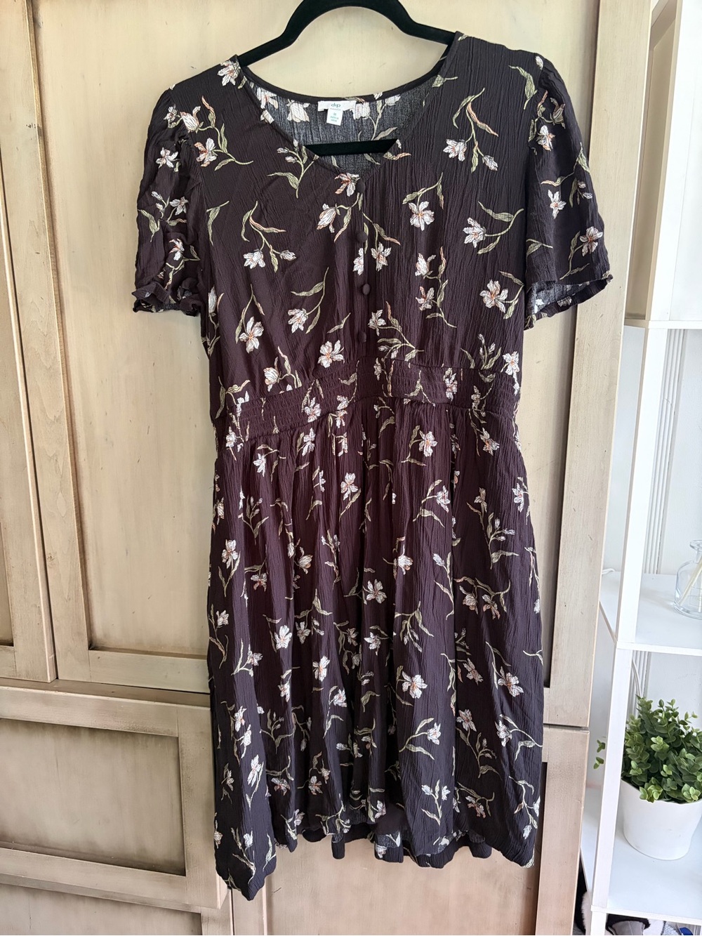 dip Brown Floral Midi Dress with Cream & Green Accents